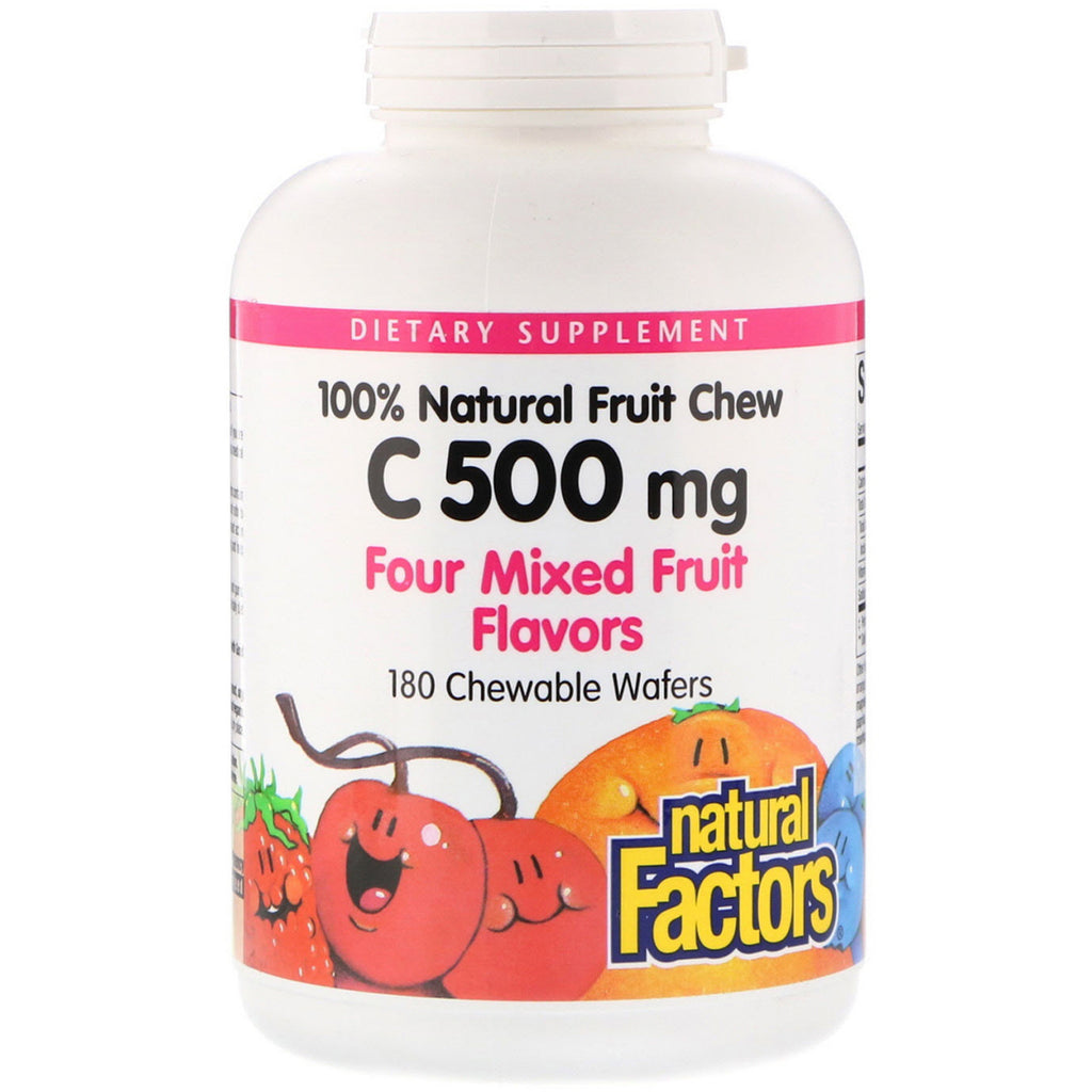 Natural Factors, 100% Natural Fruit Chew Vitamin C, Four Mixed Fruit Flavors, 500 mg, 180 Chewable Wafers