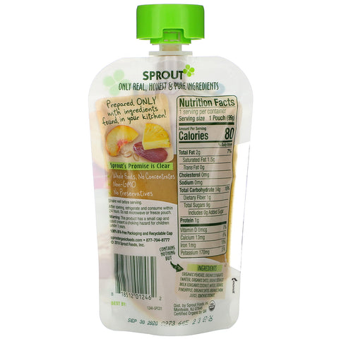Sprout , Baby Food, 6 Months & Up, Peach Oatmeal with Coconut Milk & Pineapple, 3.5 oz (99 g)