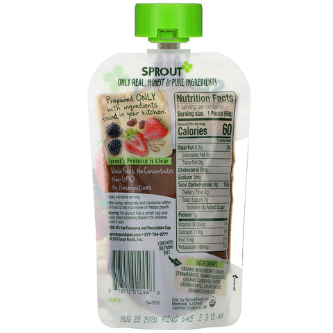 Sprout , Baby Food, 6 Months & Up, Mixed Berry Oatmeal, 3.5 oz (99 g)