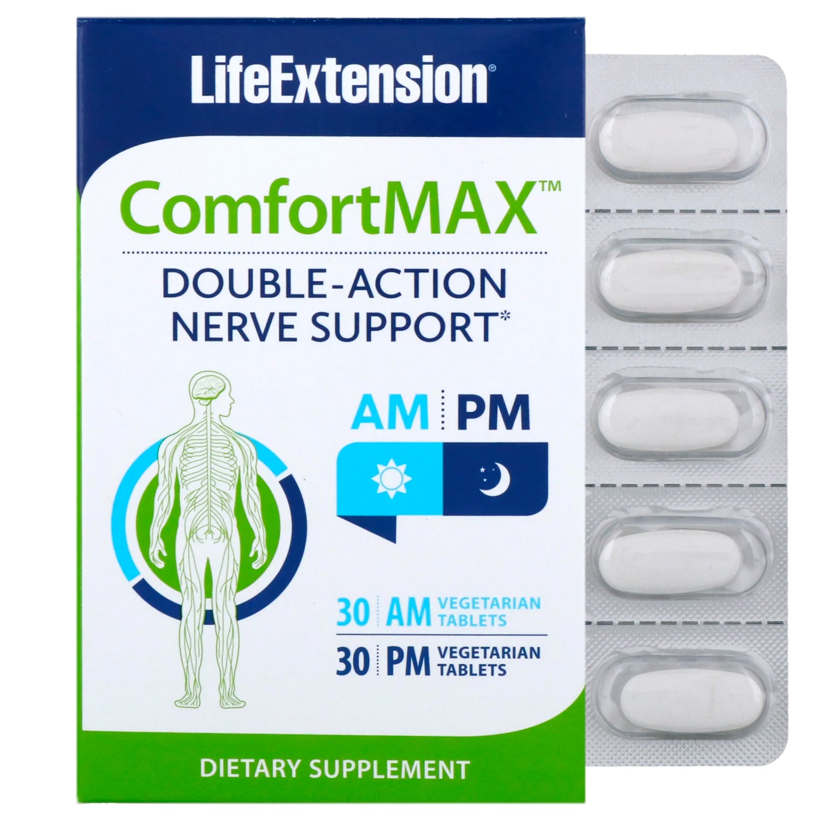Life Extension, ComfortMAX, Double-Action Nerve Support, For AM & PM, 30 Vegetarian Tablets Each