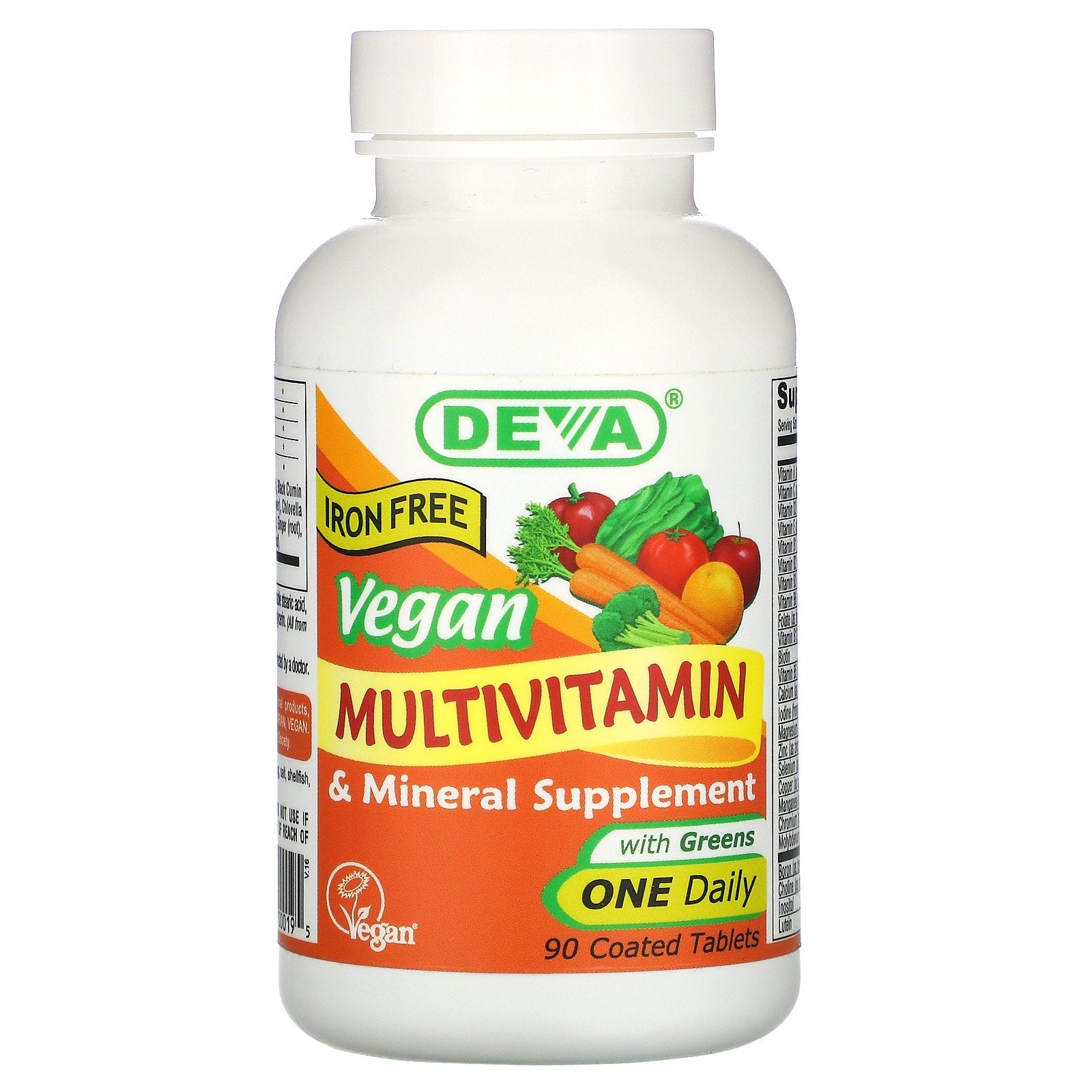 Deva, Vegan Multivitamin & Mineral Supplement with Greens, Iron Free, 90 Coated Tablets