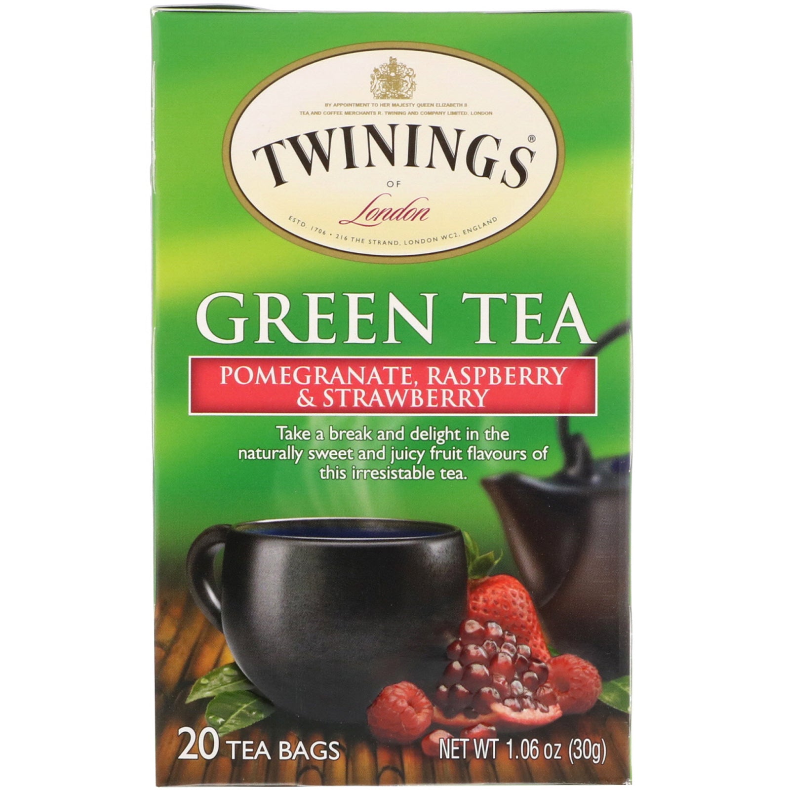 Twinings, Green Tea, Pomegranate, Raspberry & Strawberry, 20 Tea Bags, 1.06 oz (30 g)