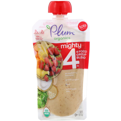 Plum Organics, Tots, Mighty 4, 4 Food Group Blend, Strawberry, Banana, Greek Yogurt, Kale, Amaranth, Oat, 4 oz (113 g)