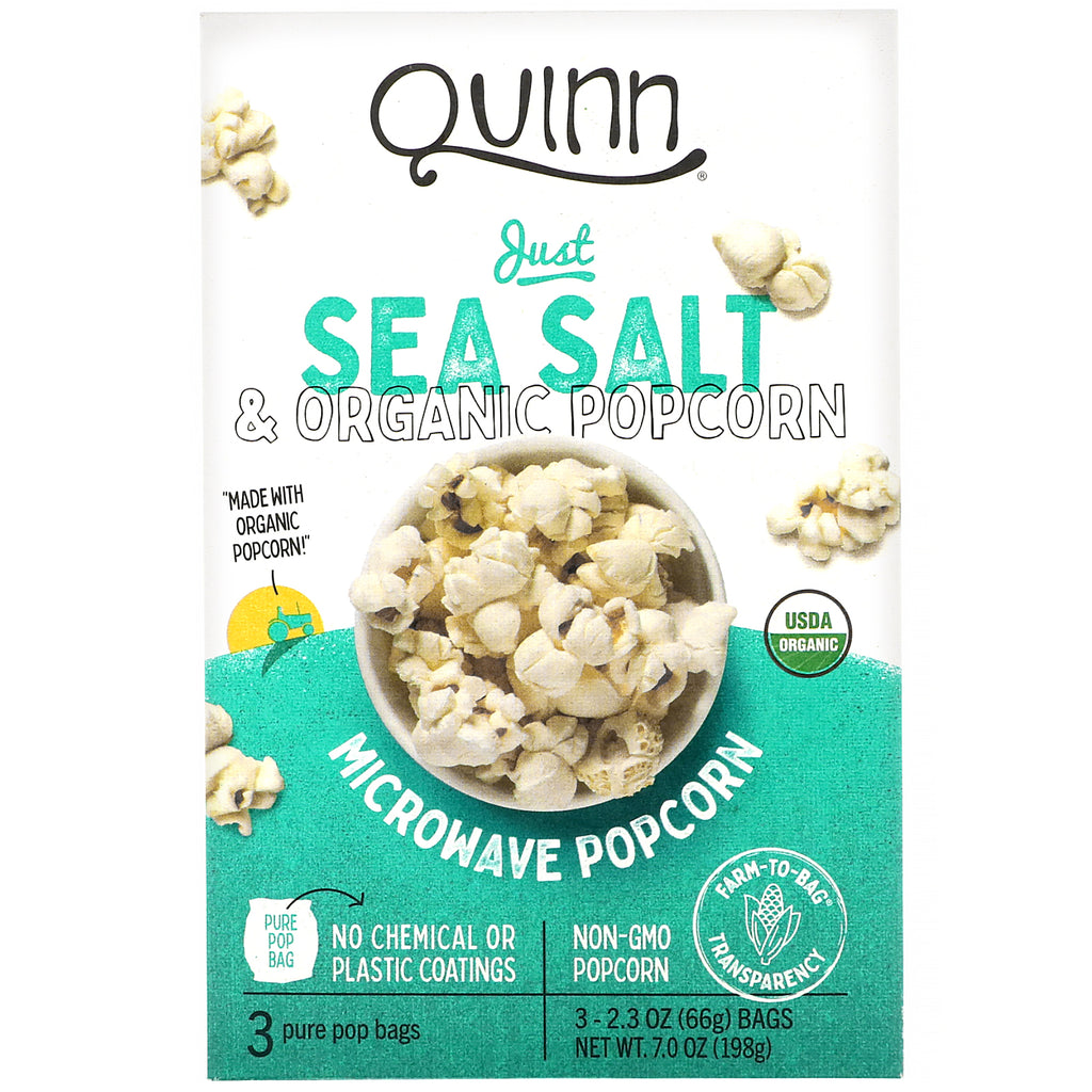 Quinn Popcorn, Microwave Popcorn, Just Sea Salt, 3 Bags, 2.3 oz (66 g) Each