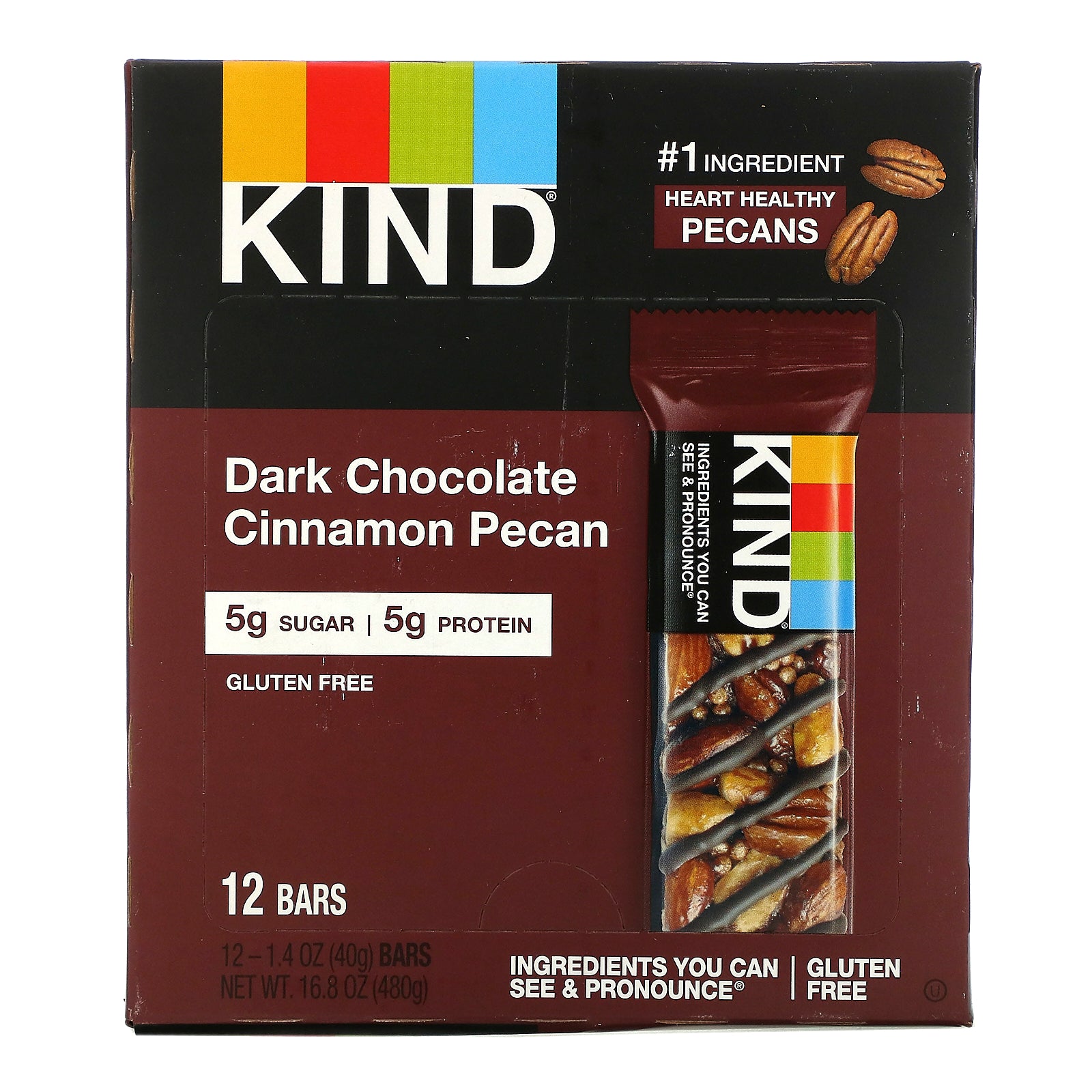 KIND Bars, Dark Chocolate Cinnamon Pecan, 12 Bars, 1.4 oz (40 g) Each