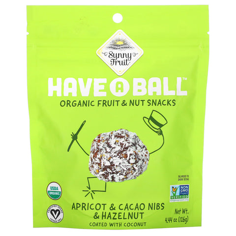 Sunny Fruit, Have A Ball, Organic Fruit & Nut Snacks, Apricot & Cacao Nibs & Hazelnut, 4.44 oz ( 126 g)
