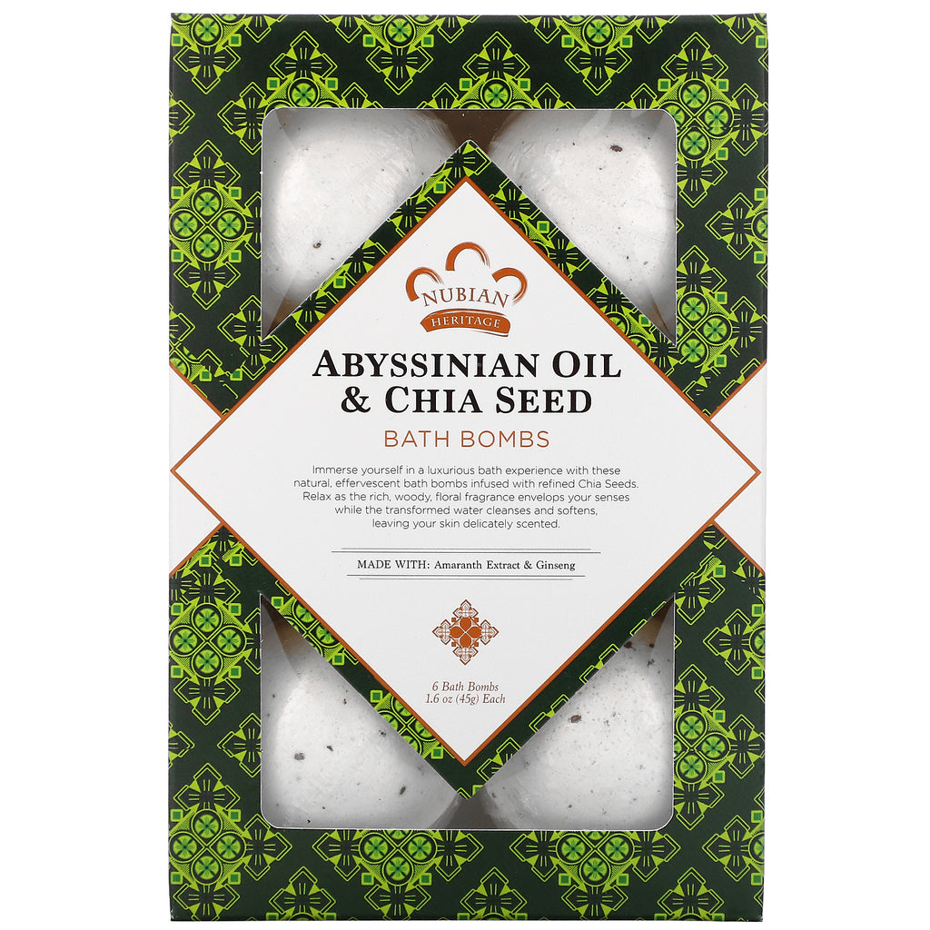 Nubian Heritage, Abyssinian Oil & Chia Seed, Bath Bombs, 6 Bath Bombs, 1.6 oz (45 g) Each