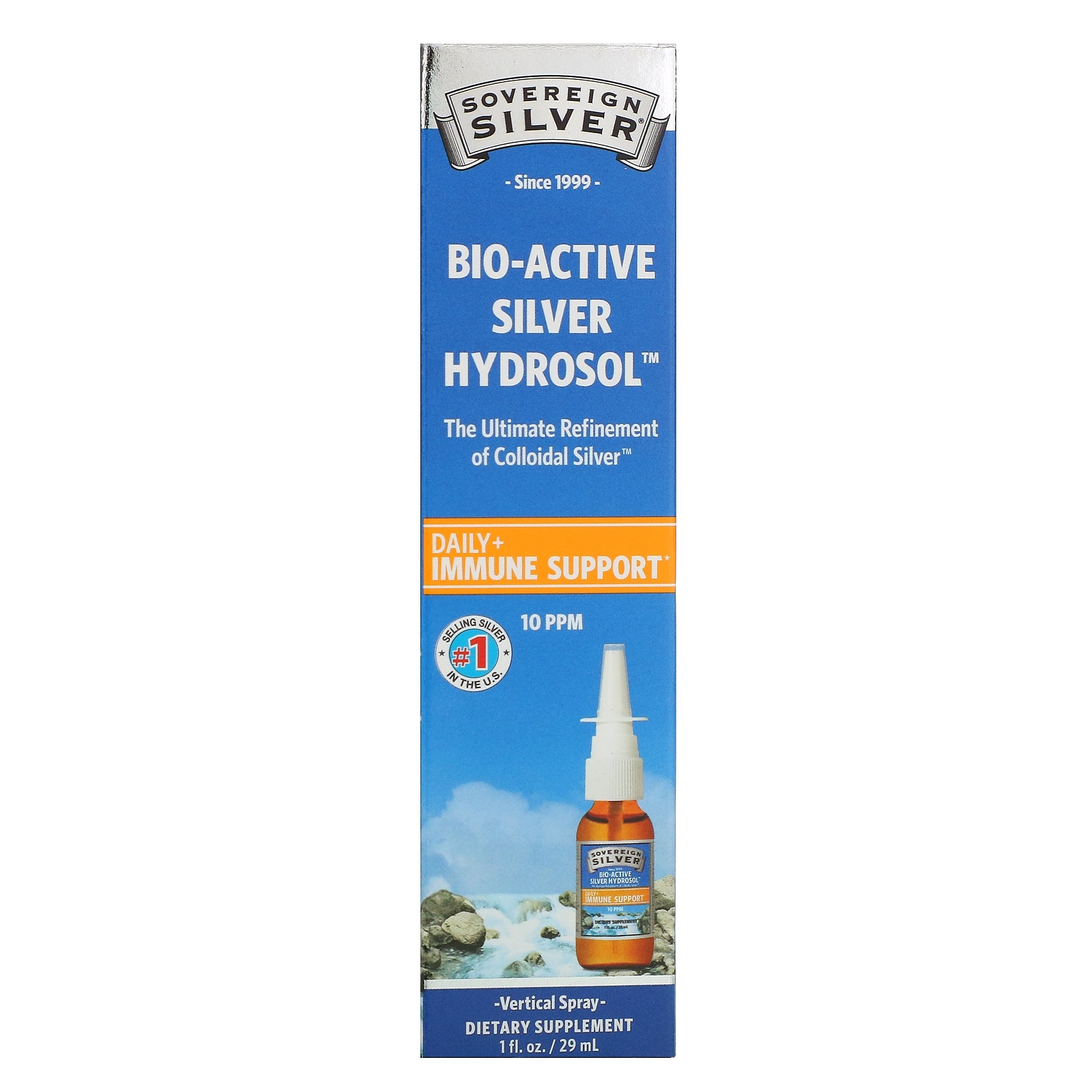 Sovereign Silver, Bio-Active Silver Hydrosol, Vertical Spray, 10 PPM, 1 fl oz (29 ml)
