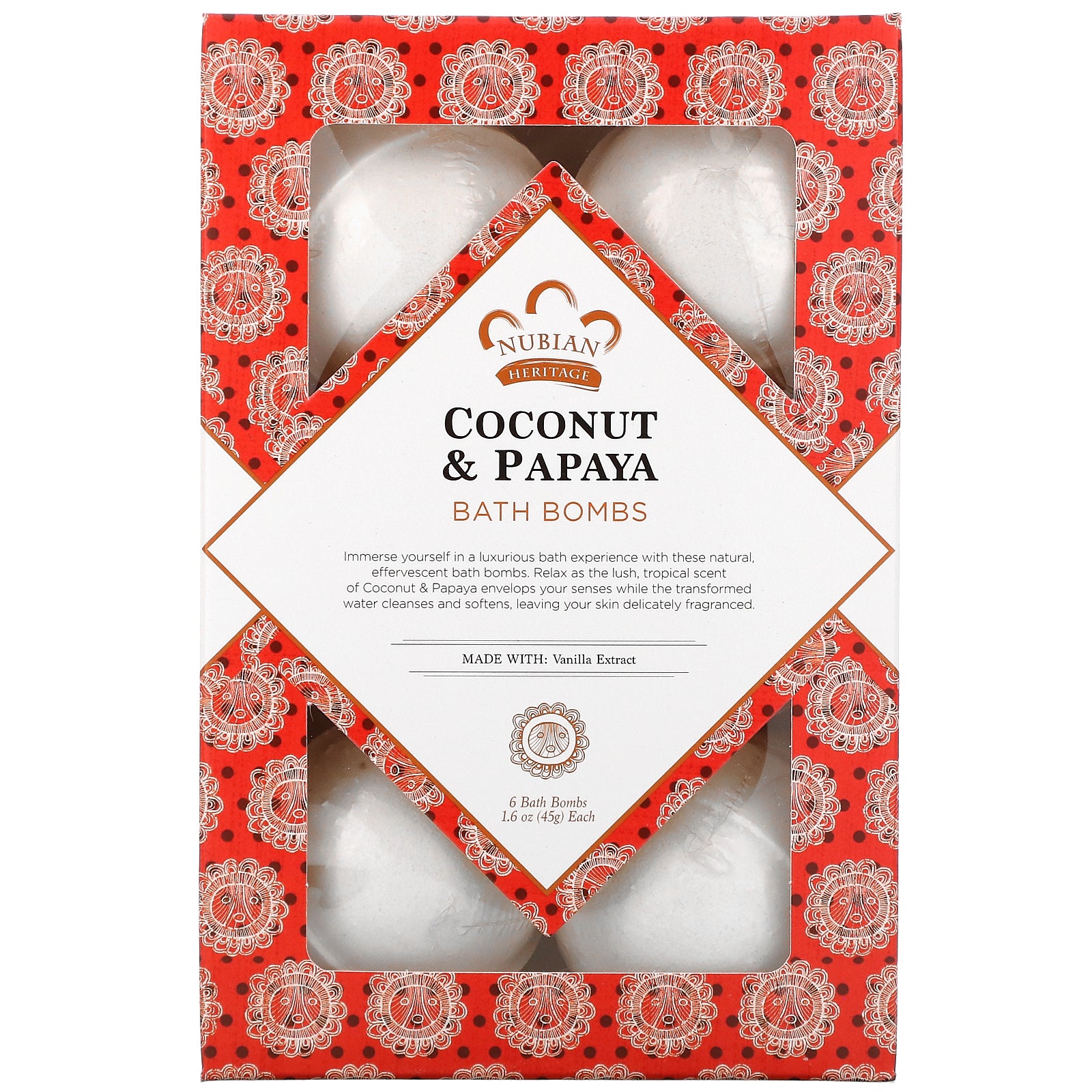 Nubian Heritage, Coconut & Papaya, Bath Bombs, 6 Bath Bombs, 1.6 oz (45 g) Each