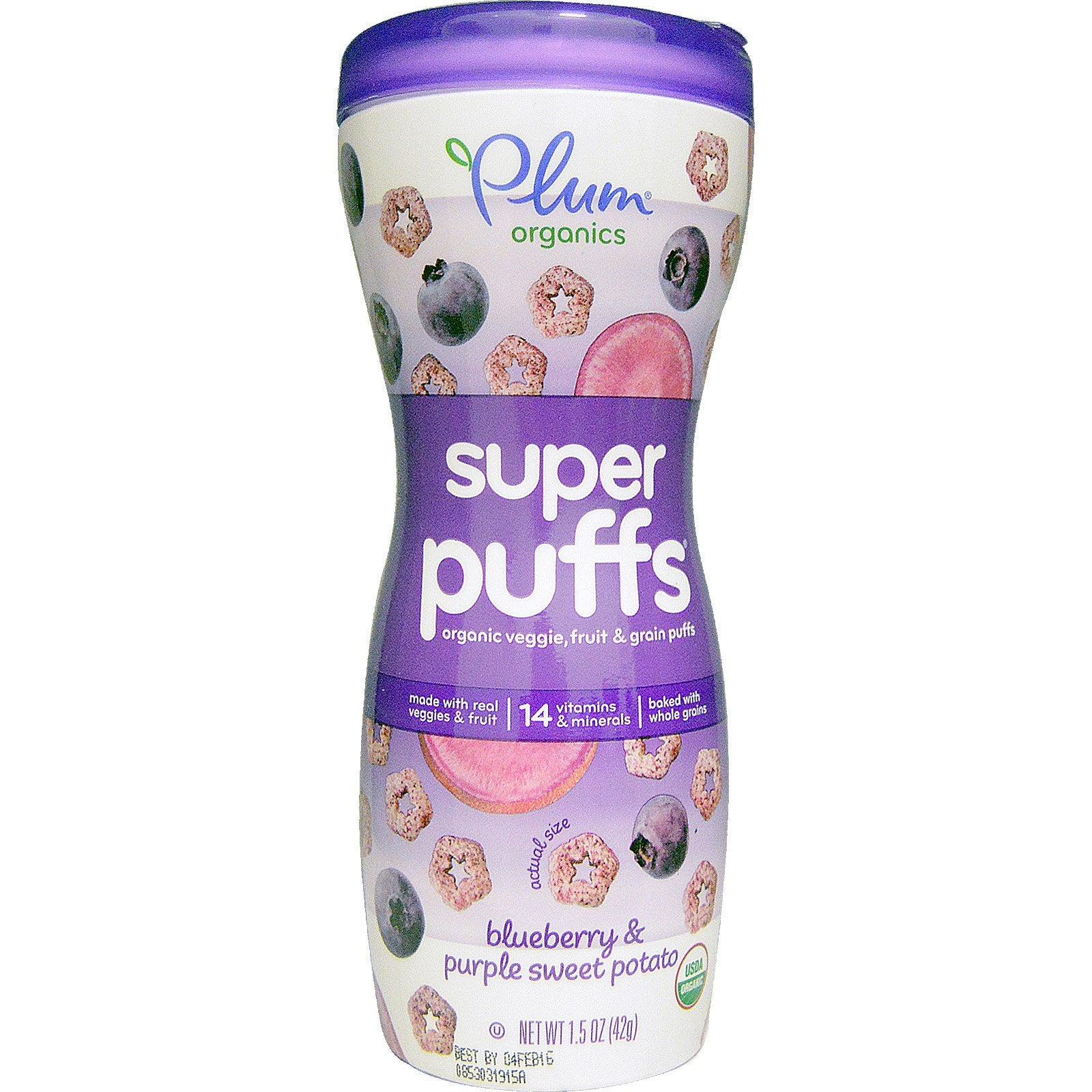Plum Organics, Super Puffs, Organic Veggie, Fruit & Grain Puffs, Blueberry & Purple Sweet Potato, 1.5 oz (42 g)