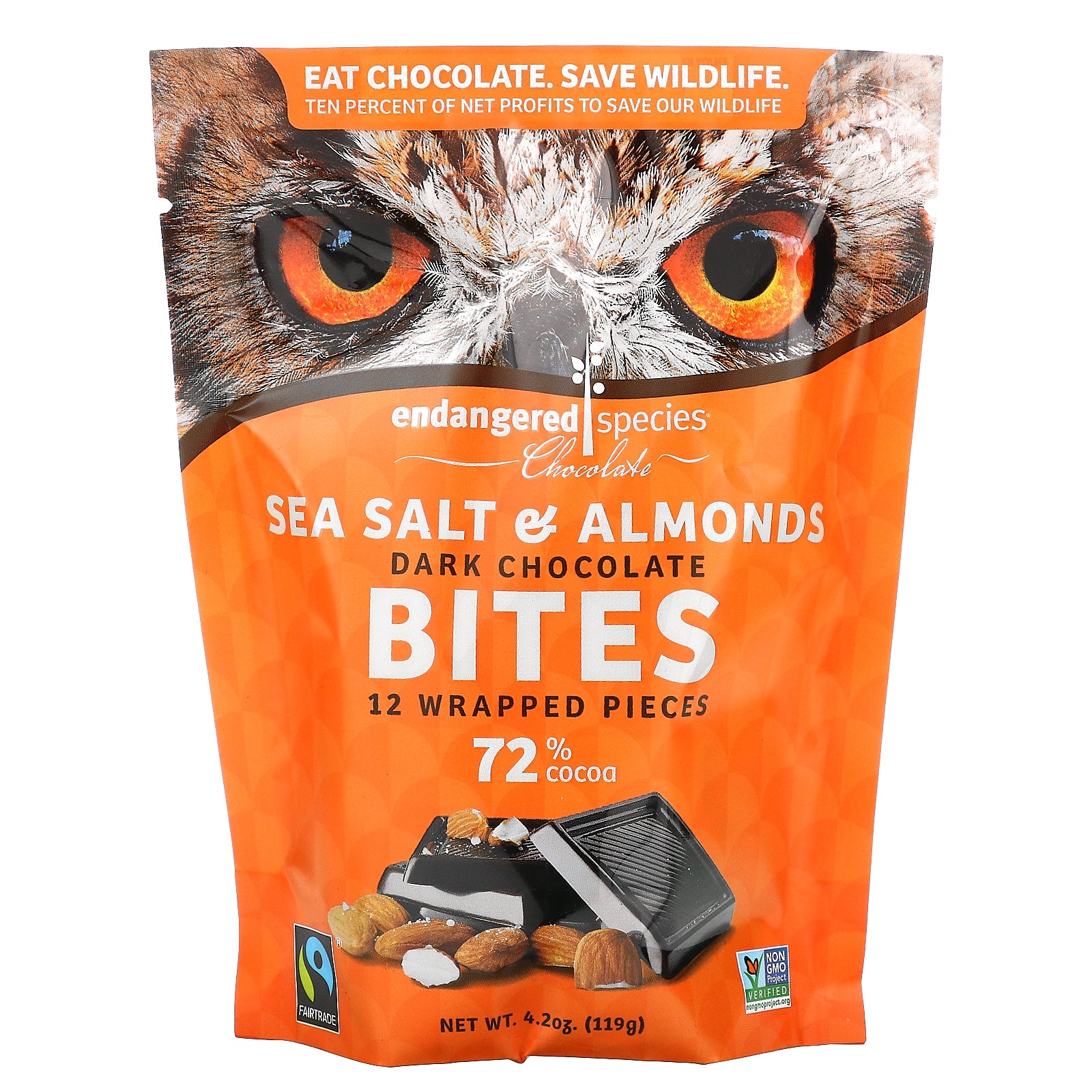 Endangered Species Chocolate, Dark Chocolate Bites, Sea Salt & Almonds, 72% Cocoa, 12 Wrapped Pieces, 4.2 oz (119 g)