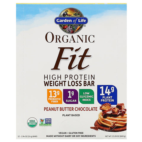 Garden of Life,  Fit, High Protein Weight Loss Bar, Peanut Butter Chocolate, 12 Bars, 1.94 oz (55 g) Each
