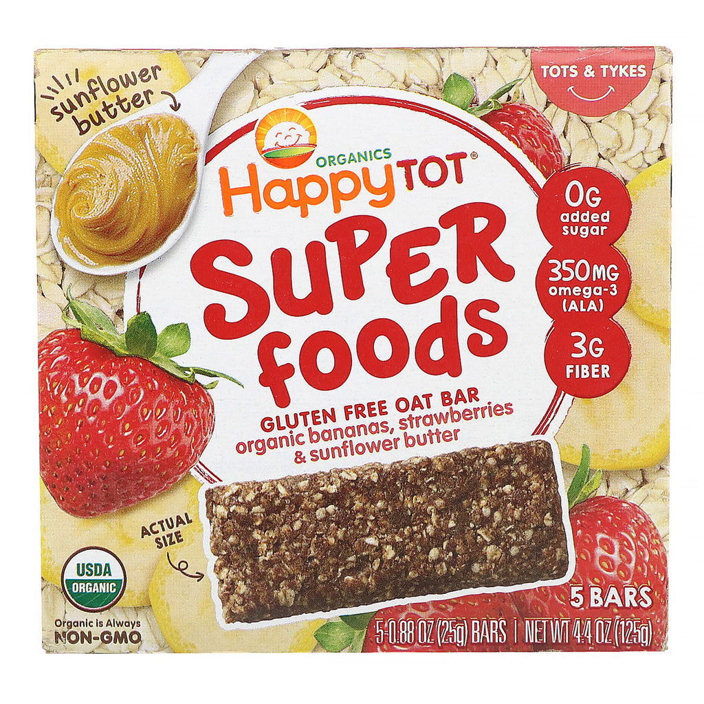 Happy Family Organics, Organics Happy Tot, Superfoods, Gluten Free Oat Bar, Organic Bananas, Strawberries & Sunflower Butter,  5 Bars, 0.88 oz (25 g) Each