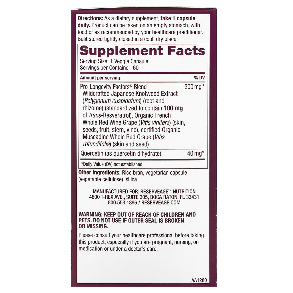 ReserveAge Nutrition, Resveratrol, 100 mg, 60 Veggie Capsules
