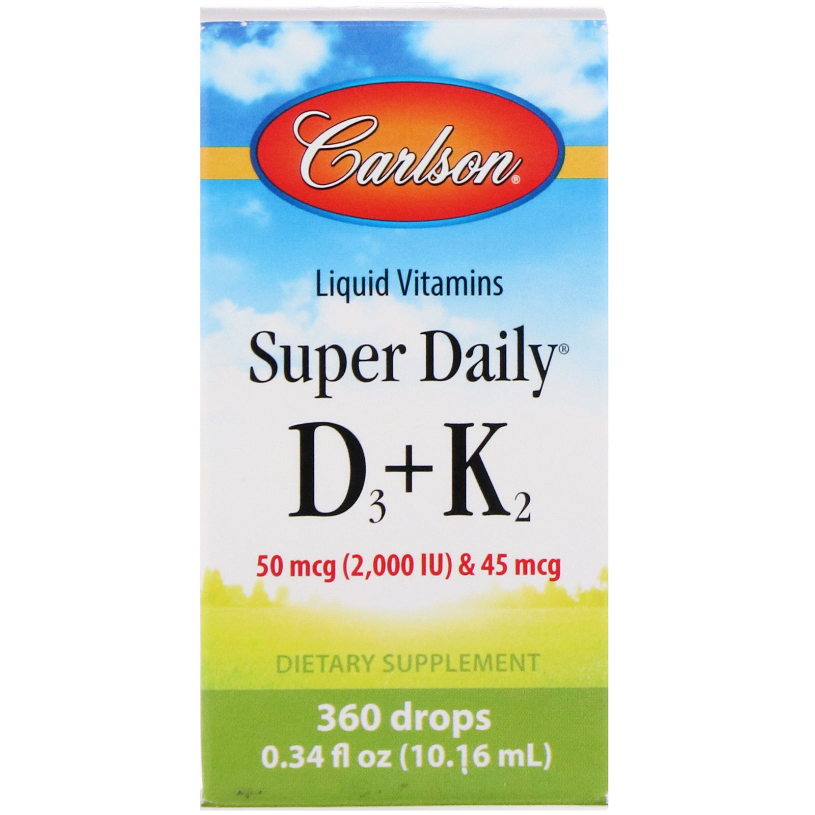 Carlson Labs, Liquid Vitamins, Super Daily D3+K2, 50 mcg (2,000 IU) & 45 mcg, 0.34 fl oz (10.16 ml)