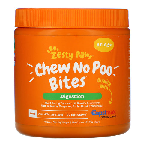 Zesty Paws, Chew No Poo Bites for Dogs, Digestion, All Ages, Peanut Butter Flavor, 90 Soft Chews, 12.7 oz (360 g)