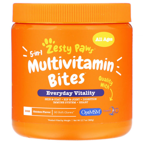 Zesty Paws, 5-In-1 Multivitamin Bites for Dogs, Everyday Vitality, All Ages, Chicken Flavor, 90 Soft Chews, 12.7 oz (360 g)