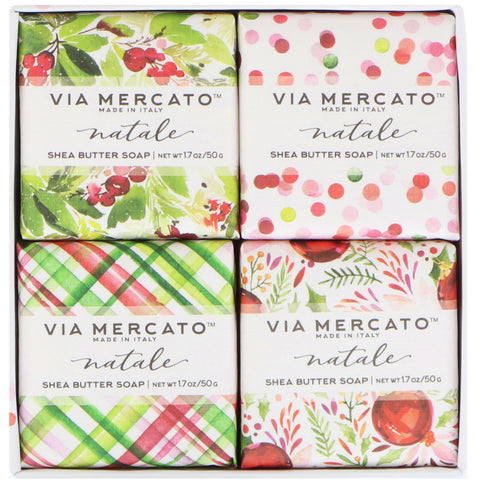 European Soaps, Via Mercato, Natale, Shea Butter Soaps Set, 4 Soaps, 50 g Each