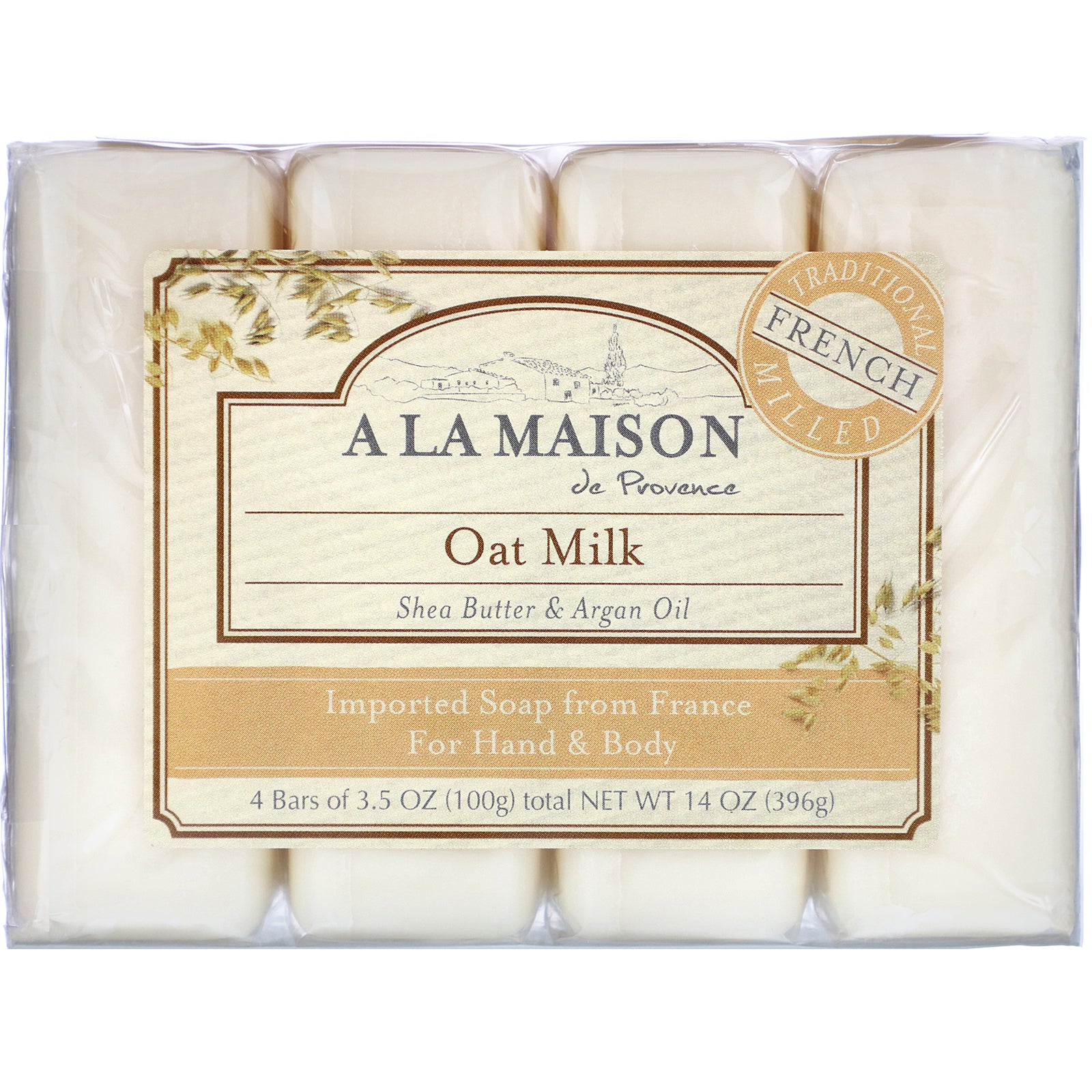 A La Maison de Provence, Hand & Body Bar Soap, Oat Milk, 4 Bars, 3.5 oz (100 g) Each