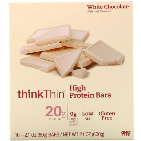 ThinkThin, High Protein Bars, White Chocolate, 10 Bars, 2.1 oz (60 g) Each