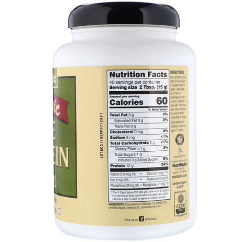 NutriBiotic, Raw  Rice Protein, Plain, 1 lb 5 oz (600 g)